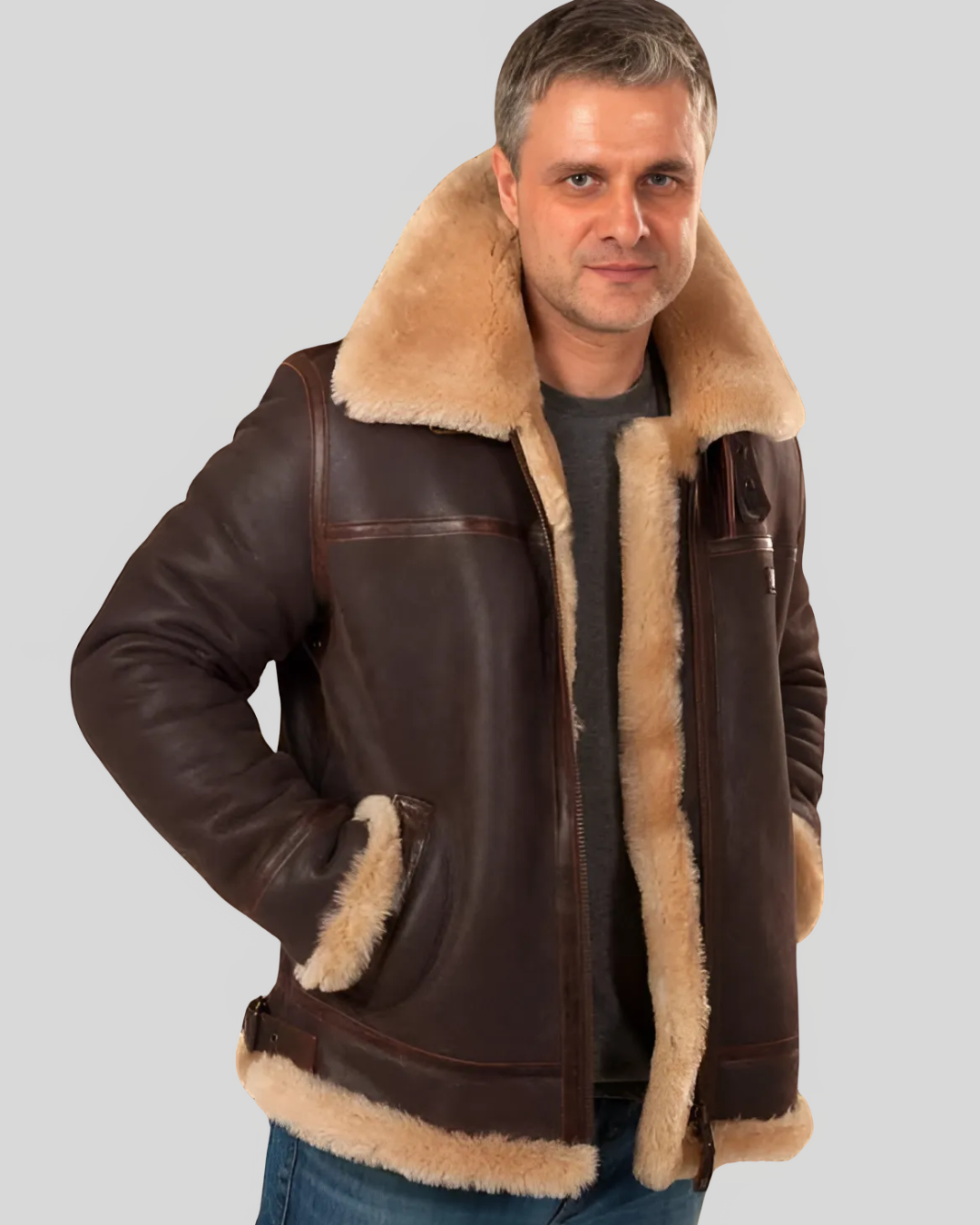 Jachetă Aviator Pentru Bărbați din Piele și Fleece