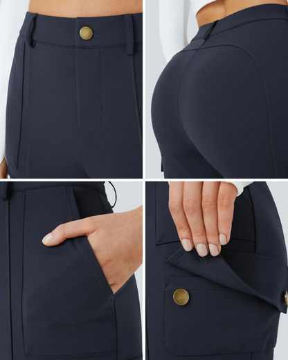 Pantaloni Casual Simpli și Conici cu Talie Înaltă și Mai Multe Buzunare pentru Femei