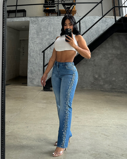 Blugi Drepți cu Perle și Cristale pe Lateral