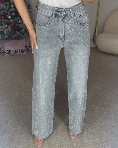 Pantaloni stil blugi cu picior larg și diamant pentru femei
