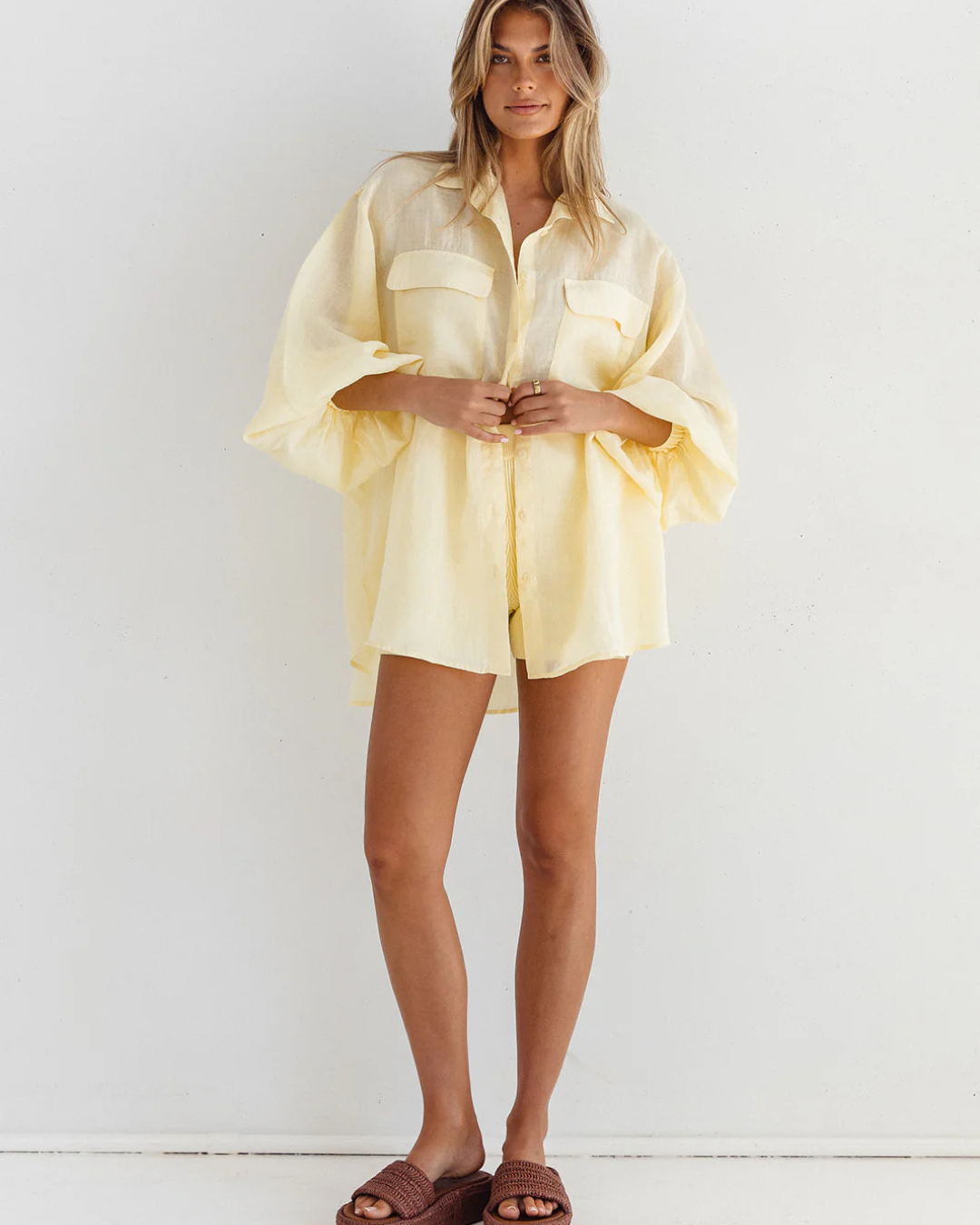 Cămașă oversize din in pentru femei, cu design casual și mâneci bufante