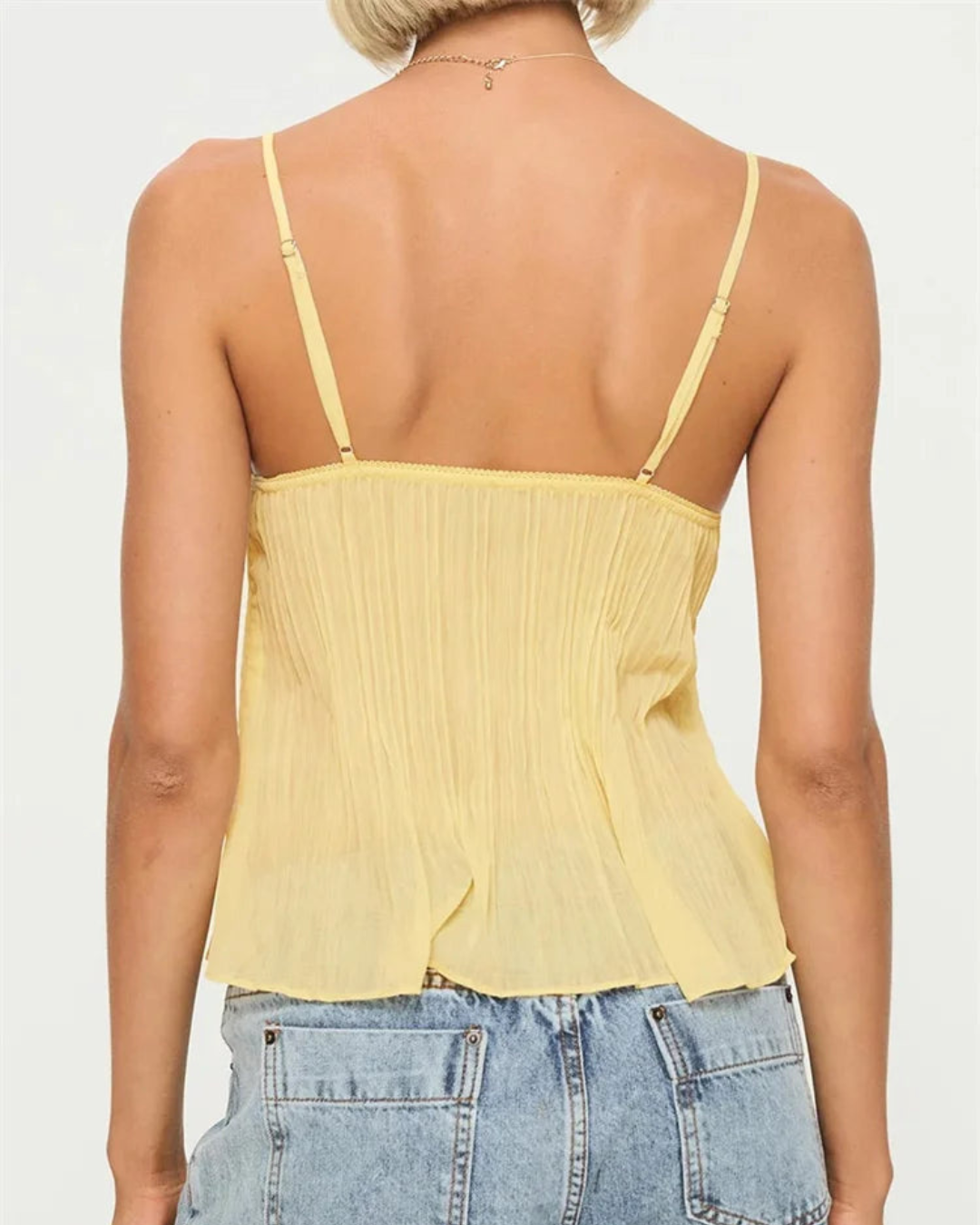 Top Plisat din Dantelă și Tifon cu Bretele Subțiri