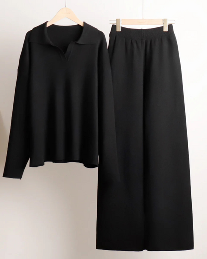 Set 2 Piese Pentru Femei, Hanorac cu Guler Polo și Pantaloni cu Picioare Largi