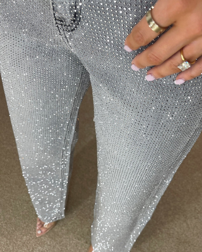 Pantaloni stil blugi cu picior larg și diamant pentru femei
