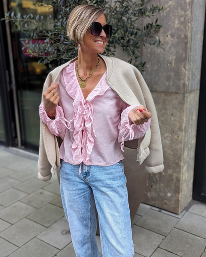 Bluză cu Volane, cu Fundiță în Față, din țesătură Ușoară și Mâneci Bufante