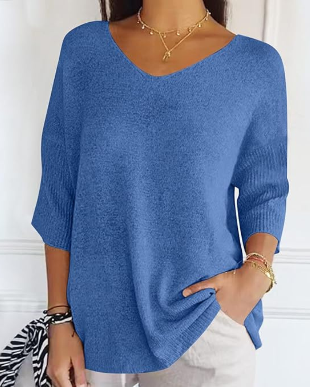 Bluză Tricotată cu Mâneci Franțuzești cu Mâneci Franțuzești Pentru Femei Ușoare cu Gât în ​​​​V 