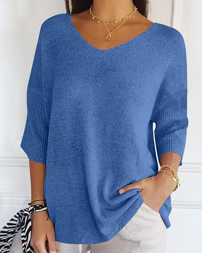 Bluză Tricotată cu Mâneci Franțuzești cu Mâneci Franțuzești Pentru Femei Ușoare cu Gât în ​​​​V 