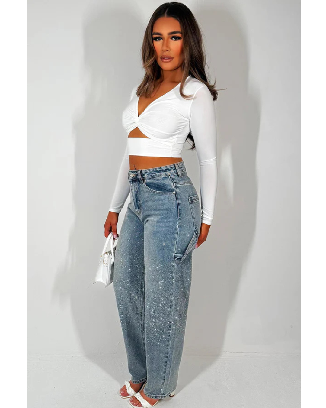 Blugi Largi cu Detalii de Diamante și Stil Cargo