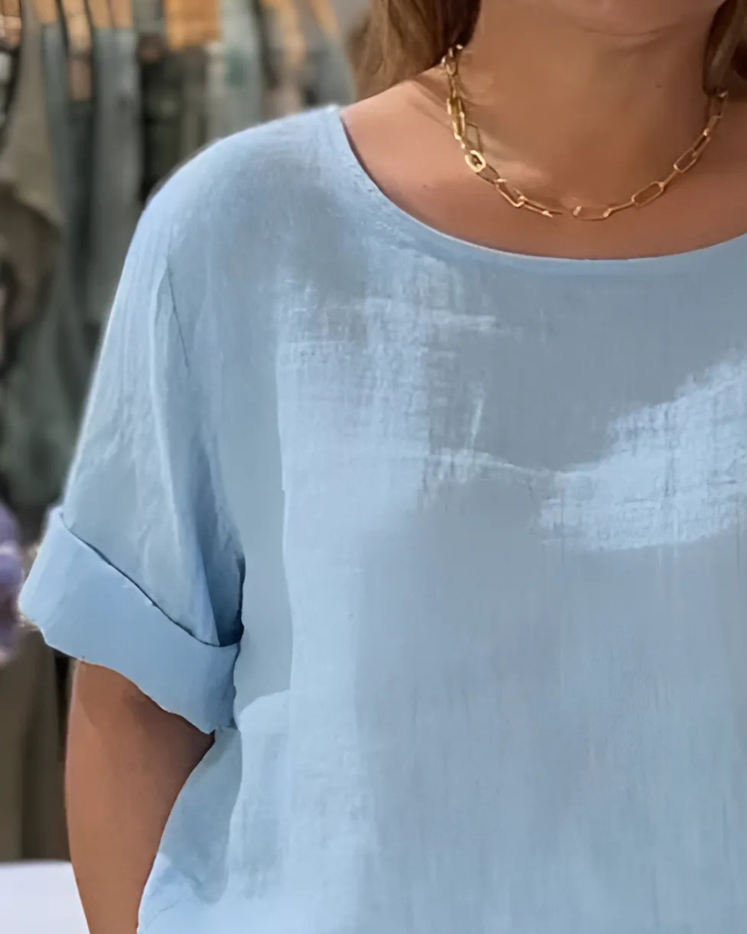 Cămașă Casual Din in cu Mâneci Scurte și Cusături Duble