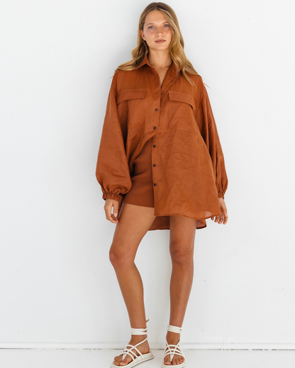 Cămașă oversize din in pentru femei, cu design casual și mâneci bufante