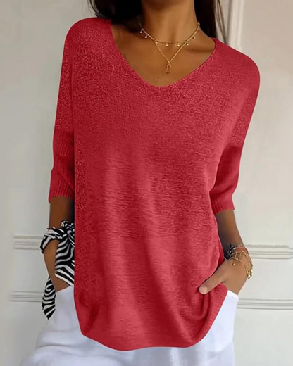 Bluză Tricotată cu Mâneci Franțuzești cu Mâneci Franțuzești Pentru Femei Ușoare cu Gât în ​​​​V 