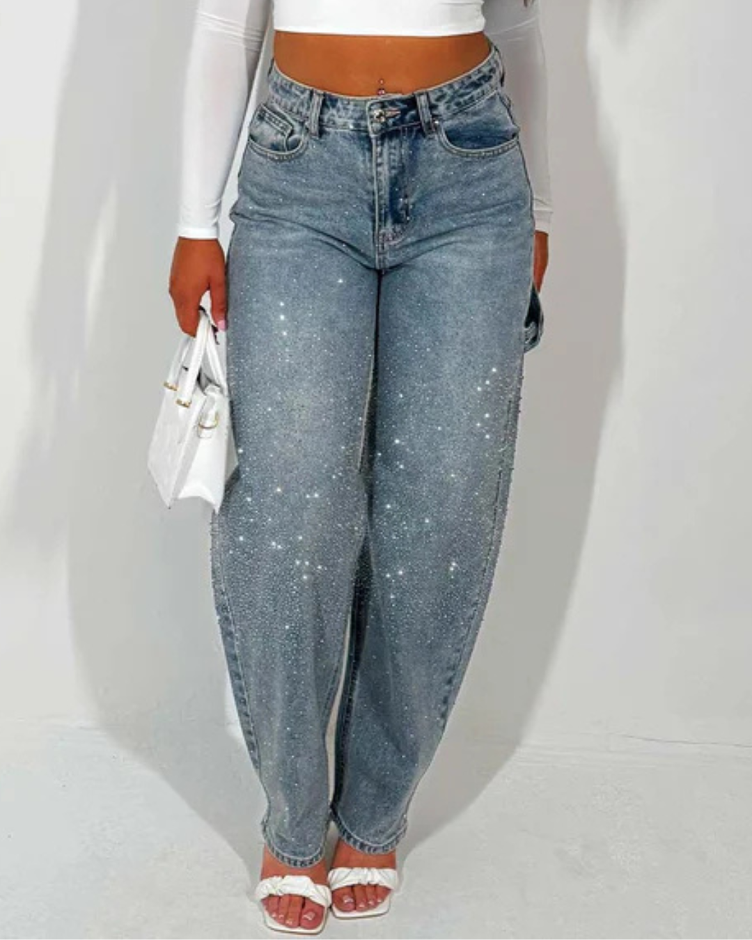 Blugi Largi cu Detalii de Diamante și Stil Cargo