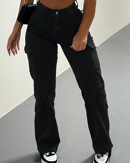 Pantaloni Cargo cu Talie Înaltă pentru Femei cu Multiple Buzunare