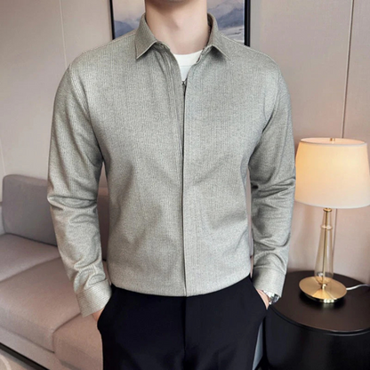 Cămașă Bărbătească cu Rever Casual de Culoare uni cu închidere cu Fermoar