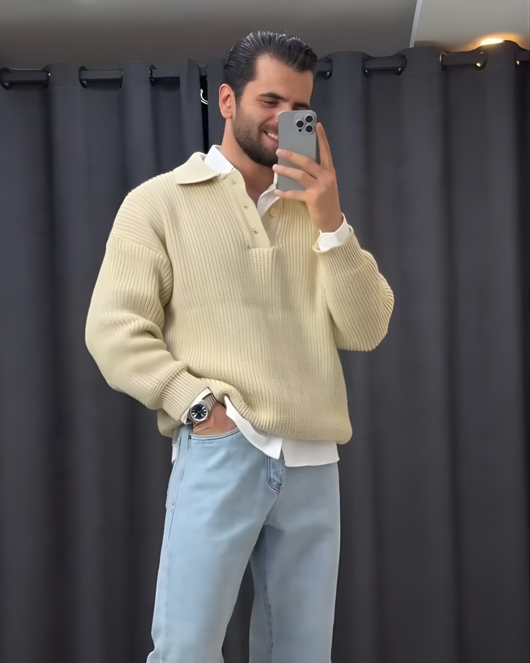 Pulover din tricot cu guler polo pentru bărbați®