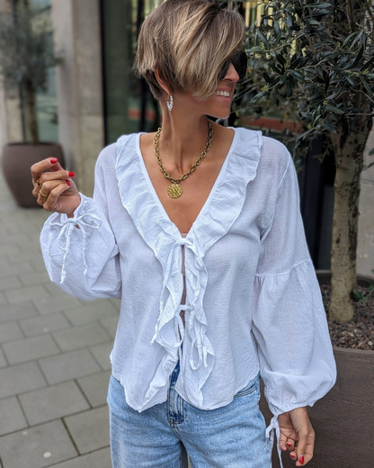 Bluză cu Volane, cu Fundiță în Față, din țesătură Ușoară și Mâneci Bufante