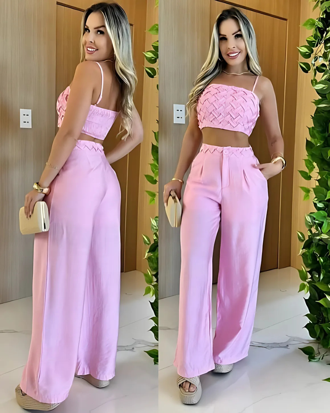 Set de Vară pentru Femei cu Pantaloni Palazzo și Top Scurt cu Bretele