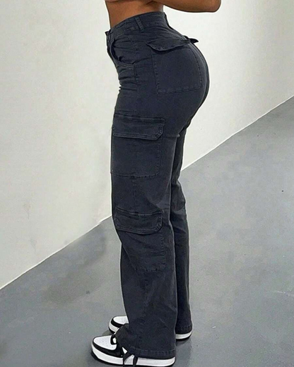 Pantaloni Cargo cu Talie Înaltă pentru Femei cu Multiple Buzunare