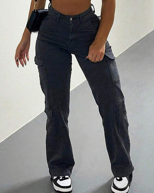 Pantaloni Cargo cu Talie Înaltă pentru Femei cu Multiple Buzunare