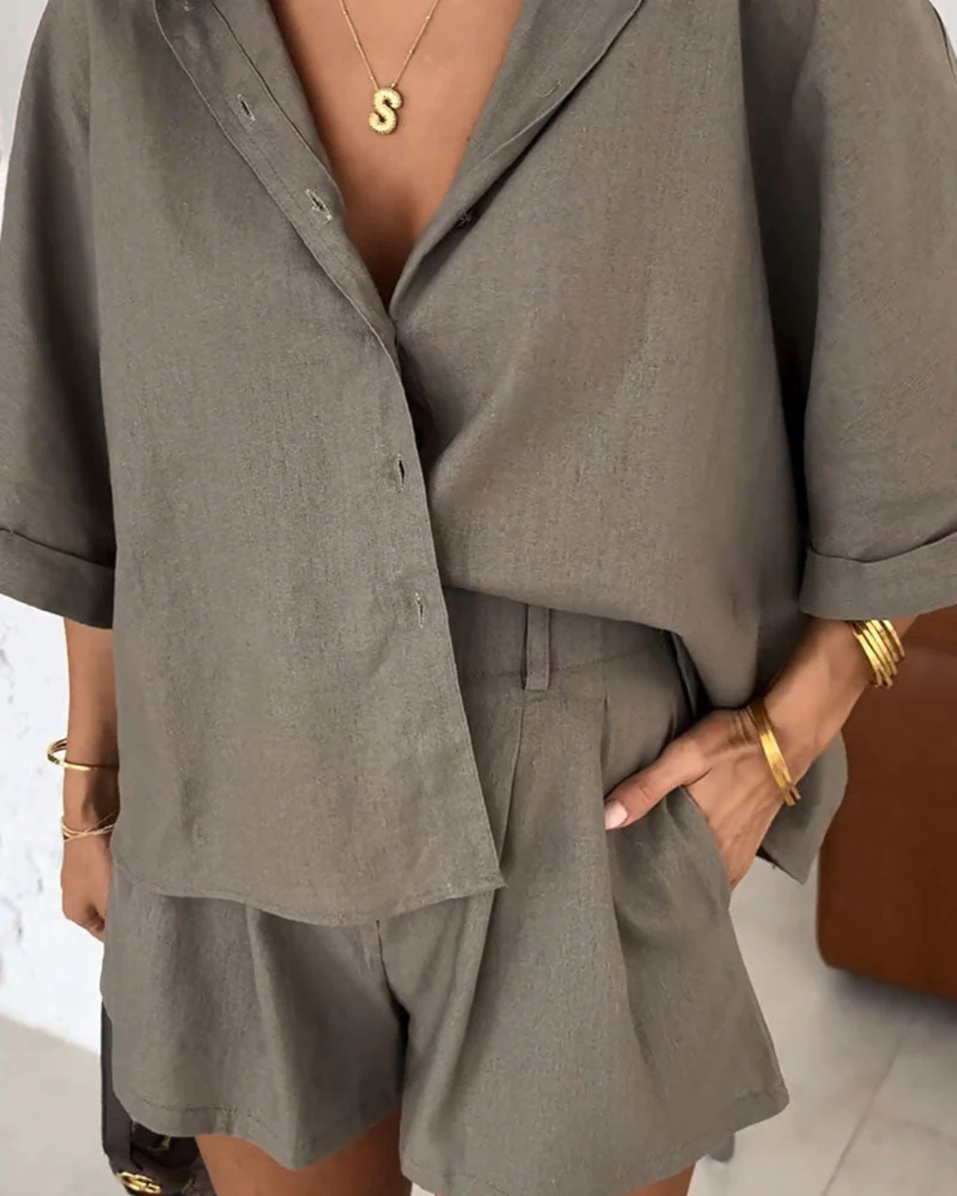 Bluză Casual și Set de Pantaloni Scurți Largi Pentru Uzura de Zi cu Zi