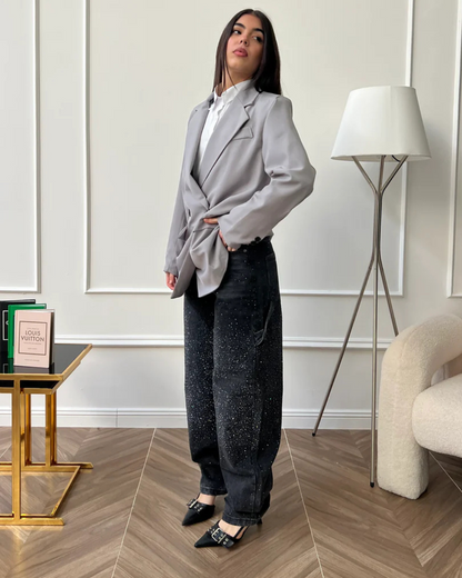 Blugi Largi cu Detalii de Diamante și Stil Cargo