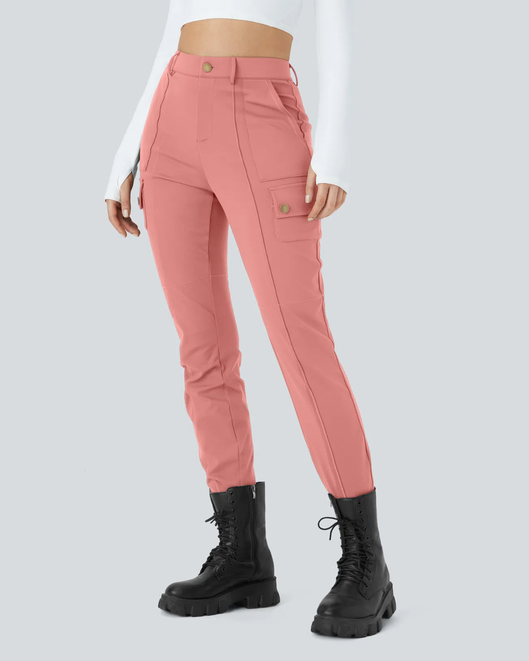 Pantaloni Casual Simpli și Conici cu Talie Înaltă și Mai Multe Buzunare pentru Femei