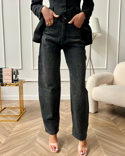 Blugi Largi cu Detalii de Diamante și Stil Cargo